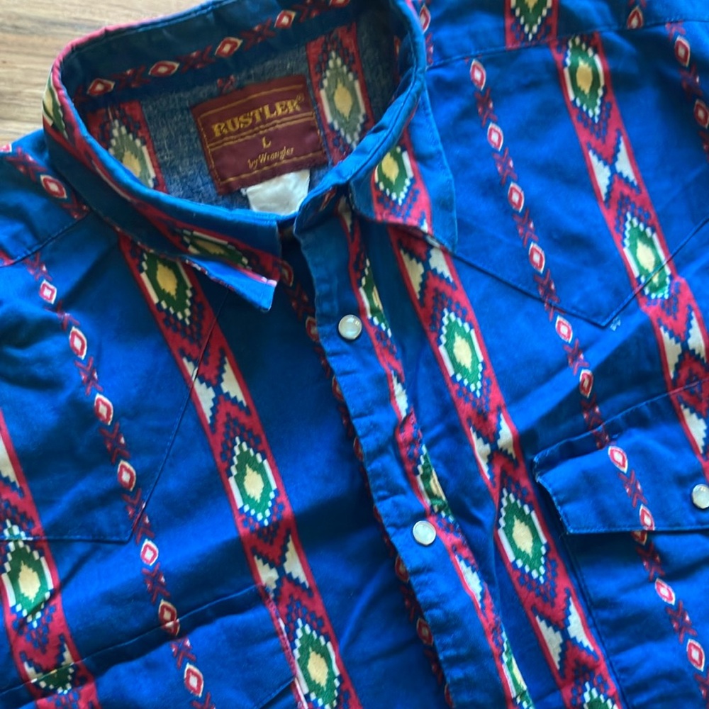 Vintage L Large Rustler by Wrangler Southwestern Button Snap Long Sleeve Cowboy